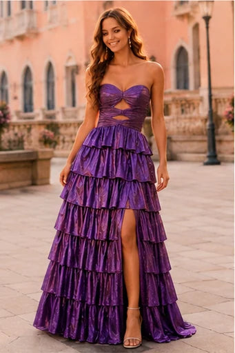 Aladora Cutout Tiered A-Line Prom Dress in Purple prom gown, front view