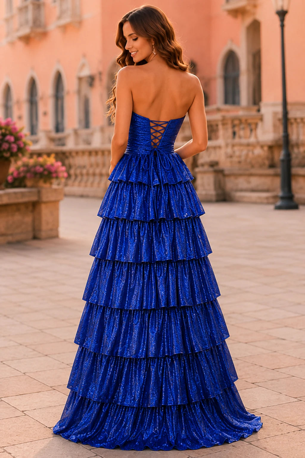 Aladora Cutout Tiered A-Line Prom Dress in Royal Blue prom gown, back view