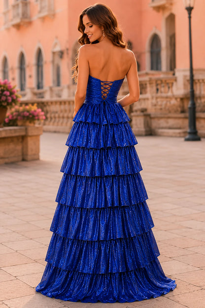 Aladora Cutout Tiered A-Line Prom Dress in Royal Blue prom gown, back view