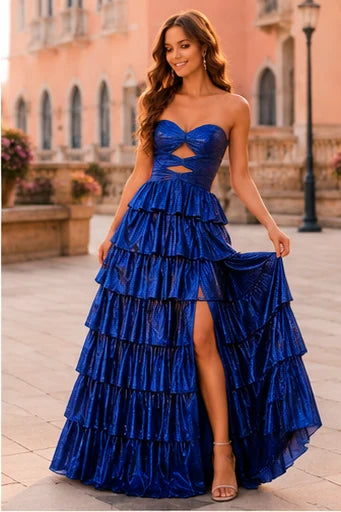 Aladora Cutout Tiered A-Line Prom Dress in Royal Blue prom gown, front view
