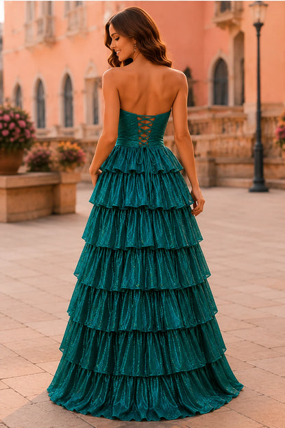 Aladora Cutout Tiered A-Line Prom Dress in Teal prom gown, back view