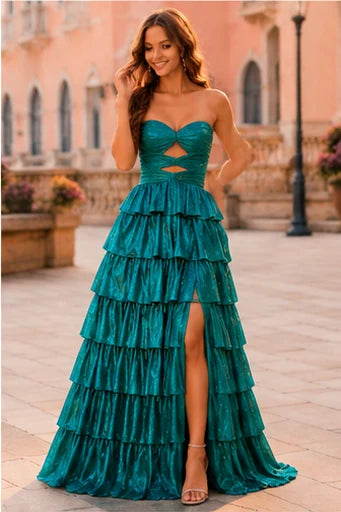 Aladora Cutout Tiered A-Line Prom Dress in Teal prom gown, front view