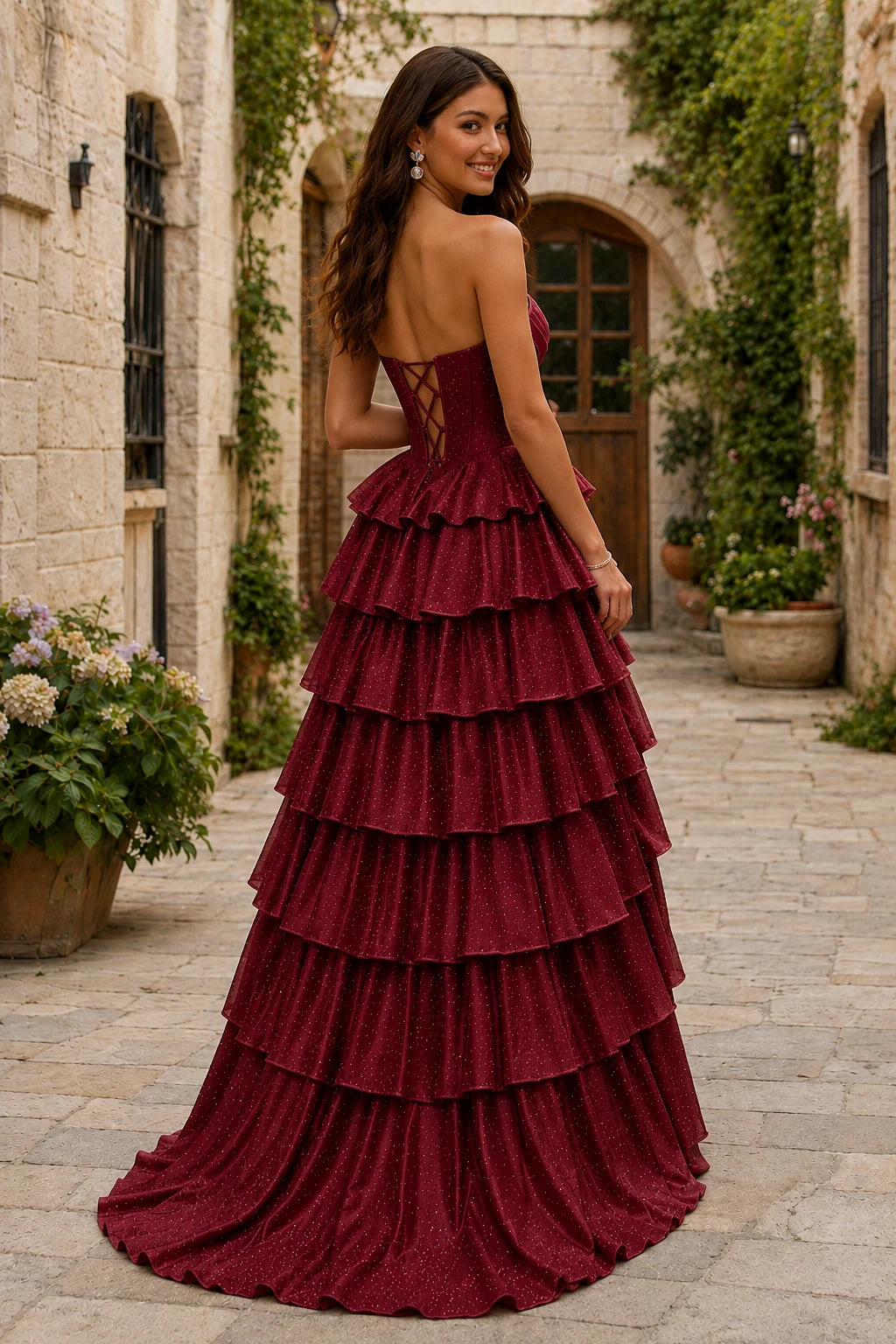 Lysette Layered-Ruffle A-Line Prom Dress in Burgundy prom gown, back view