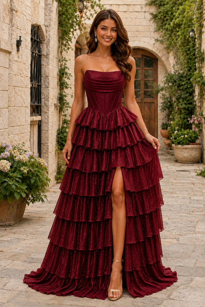 Lysette Layered-Ruffle A-Line Prom Dress in Burgundy prom gown, front view