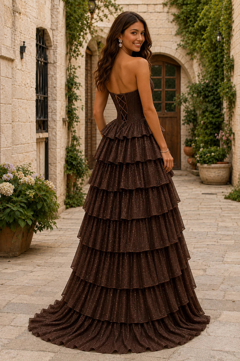 Lysette Layered-Ruffle A-Line Prom Dress in Chocolate Brown prom gown, back view