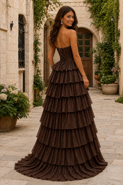 Lysette Layered-Ruffle A-Line Prom Dress in Chocolate Brown prom gown, back view