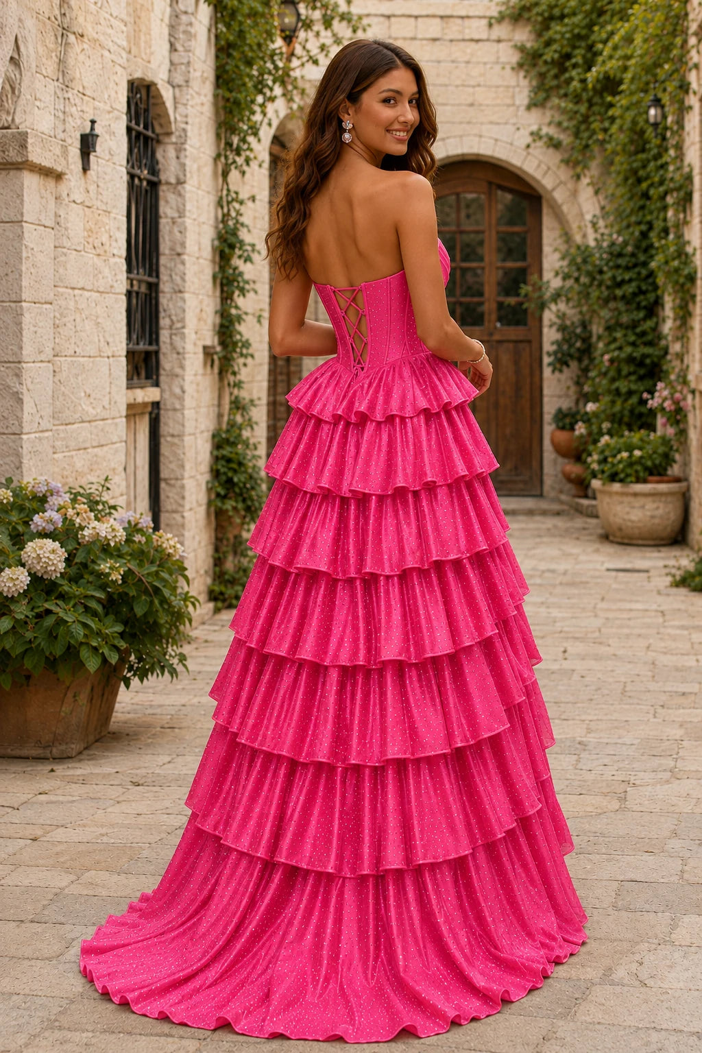 Lysette Layered-Ruffle A-Line Prom Dress in Hot Pink prom gown, back view