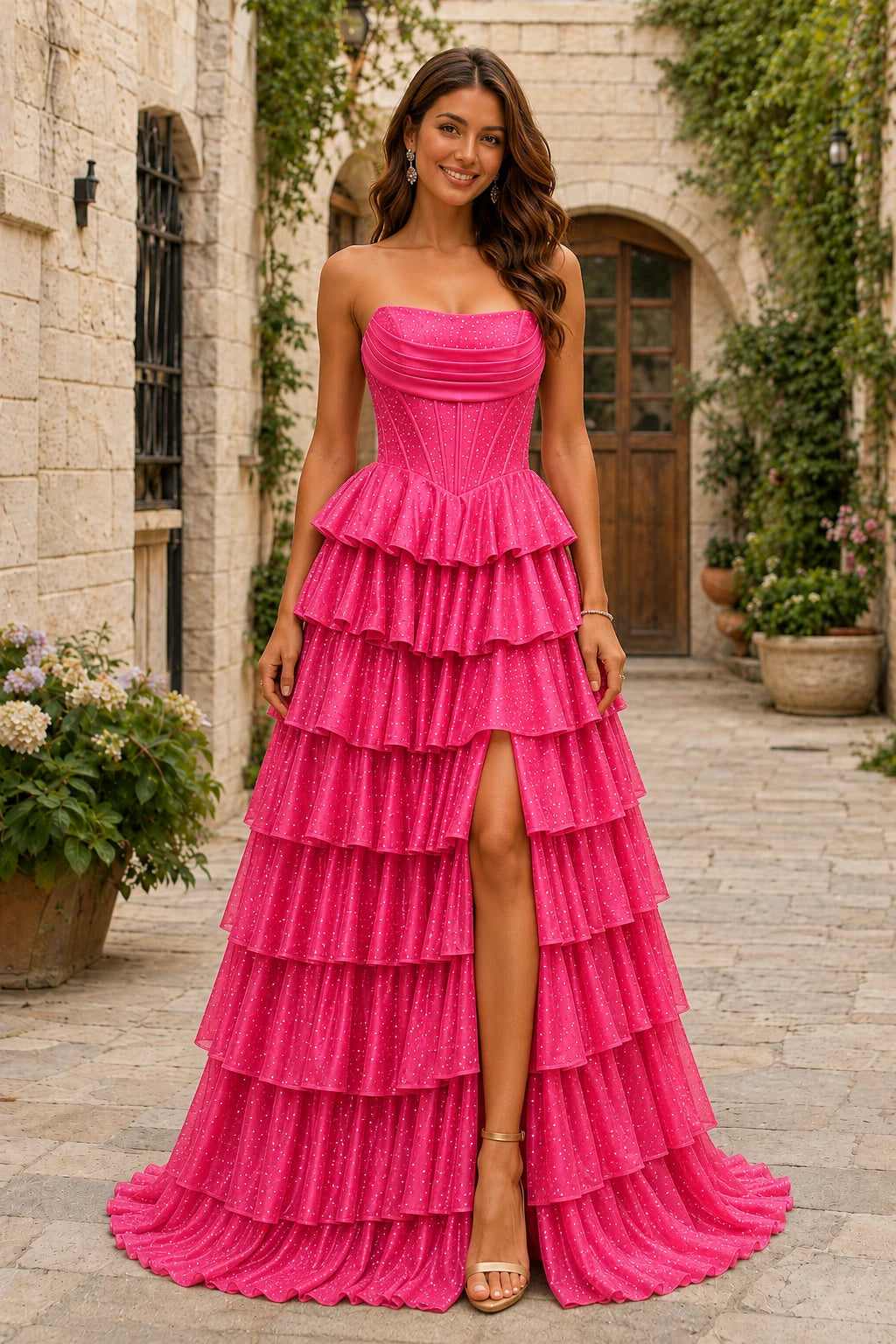 Lysette Layered-Ruffle A-Line Prom Dress in Hot Pink prom gown, front view
