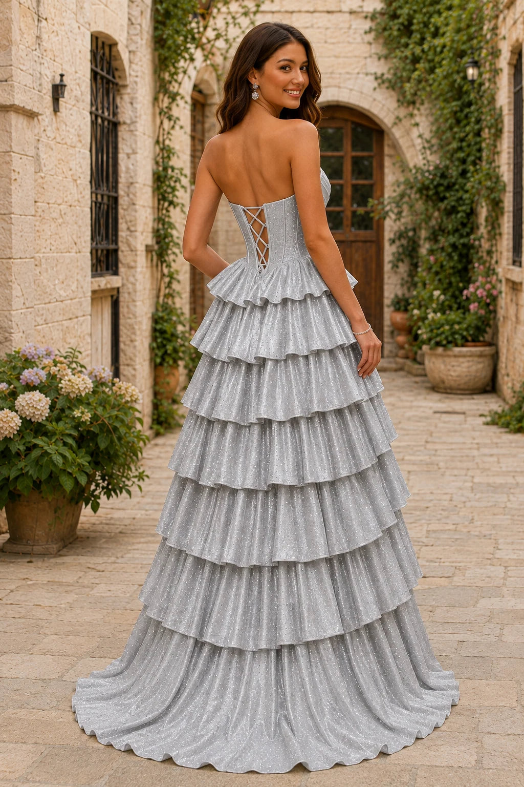 Lysette Layered-Ruffle A-Line Prom Dress in Metallic Silver prom gown, back view