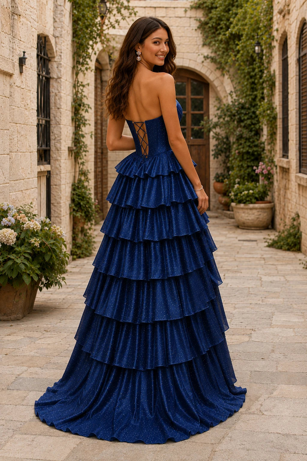 Lysette Layered-Ruffle A-Line Prom Dress in Midnight Navy prom gown, back view
