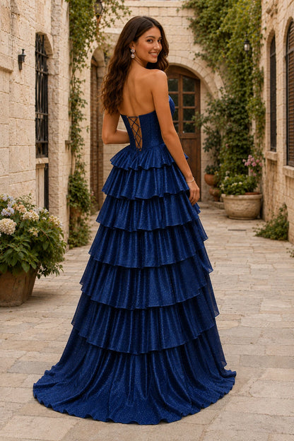 Lysette Layered-Ruffle A-Line Prom Dress in Midnight Navy prom gown, back view