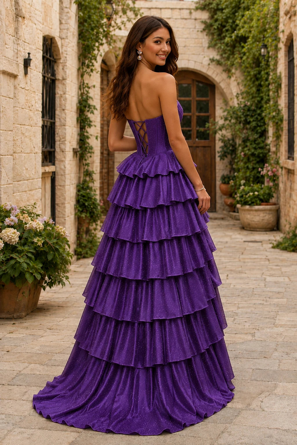 Lysette Layered-Ruffle A-Line Prom Dress in Purple prom gown, back view