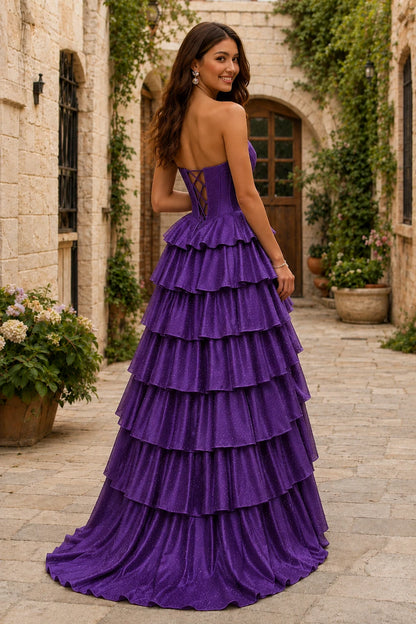 Lysette Layered-Ruffle A-Line Prom Dress in Purple prom gown, back view