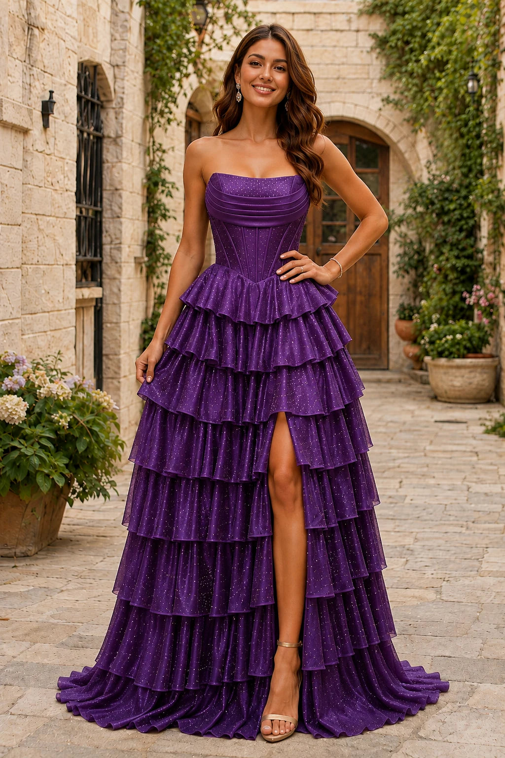 Lysette Layered-Ruffle A-Line Prom Dress in Purple prom gown, front view