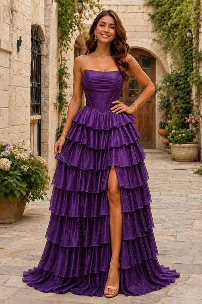 Lysette Layered-Ruffle A-Line Prom Dress in Purple prom gown, front view