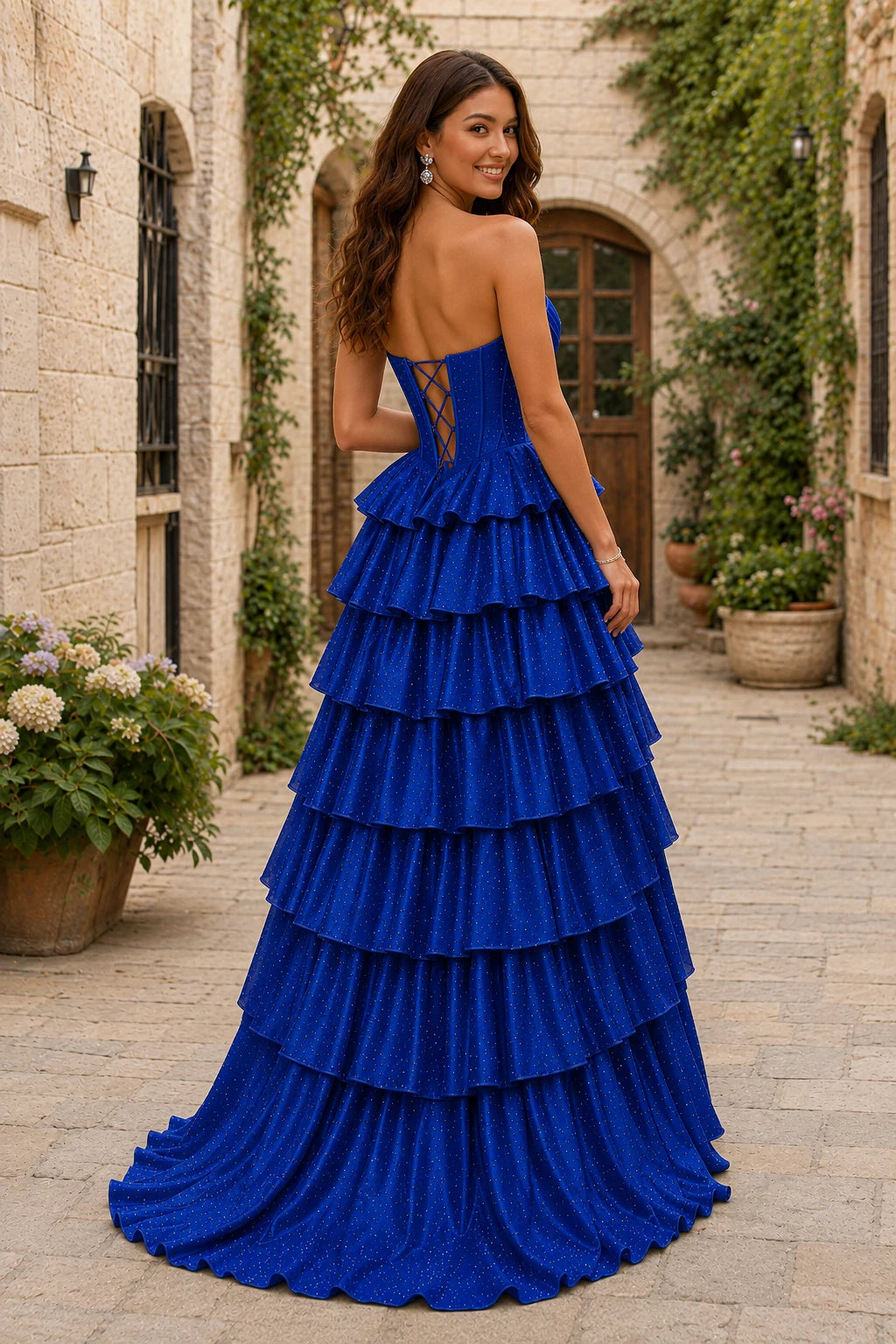 Lysette Layered-Ruffle A-Line Prom Dress in Royal Blue prom gown, back view