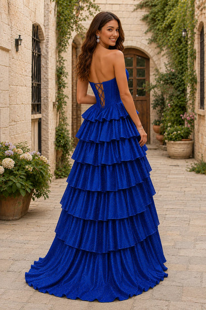 Lysette Layered-Ruffle A-Line Prom Dress in Royal Blue prom gown, back view