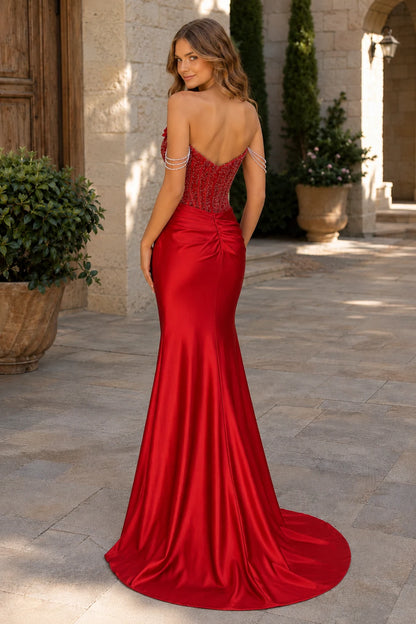 Corrienne Periwinkle Off-the-Shoulder Slit Prom Dress in Cherry Red prom gown, back view