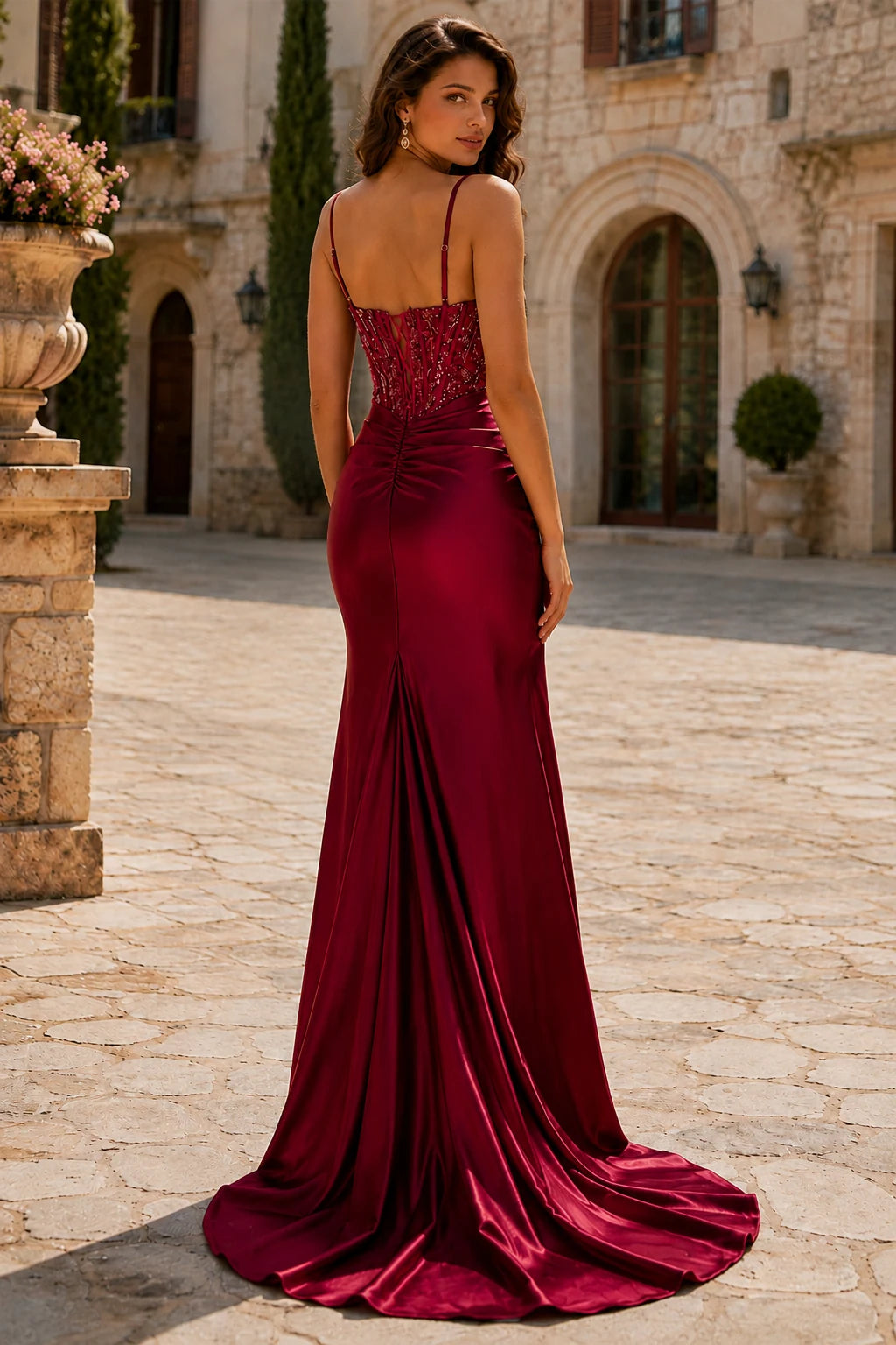 Auralisse Beaded Corset Ruched Mermaid Prom Dress with Slit in Burgundy prom gown, back view