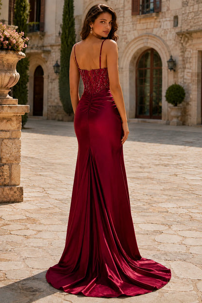 Auralisse Beaded Corset Ruched Mermaid Prom Dress with Slit in Burgundy prom gown, back view