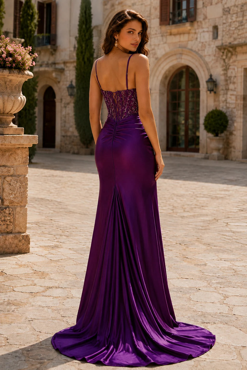 Auralisse Beaded Corset Ruched Mermaid Prom Dress with Slit in Deep Plum prom gown, back view