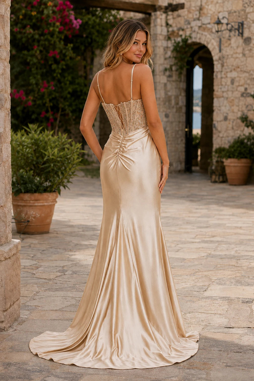 Bellora Beaded Corset Ruched Mermaid Prom Dress with Slit in Champagne Gold prom gown, back view