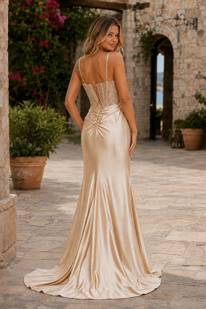 Bellora Beaded Corset Ruched Mermaid Prom Dress with Slit in Champagne Gold prom gown, back view