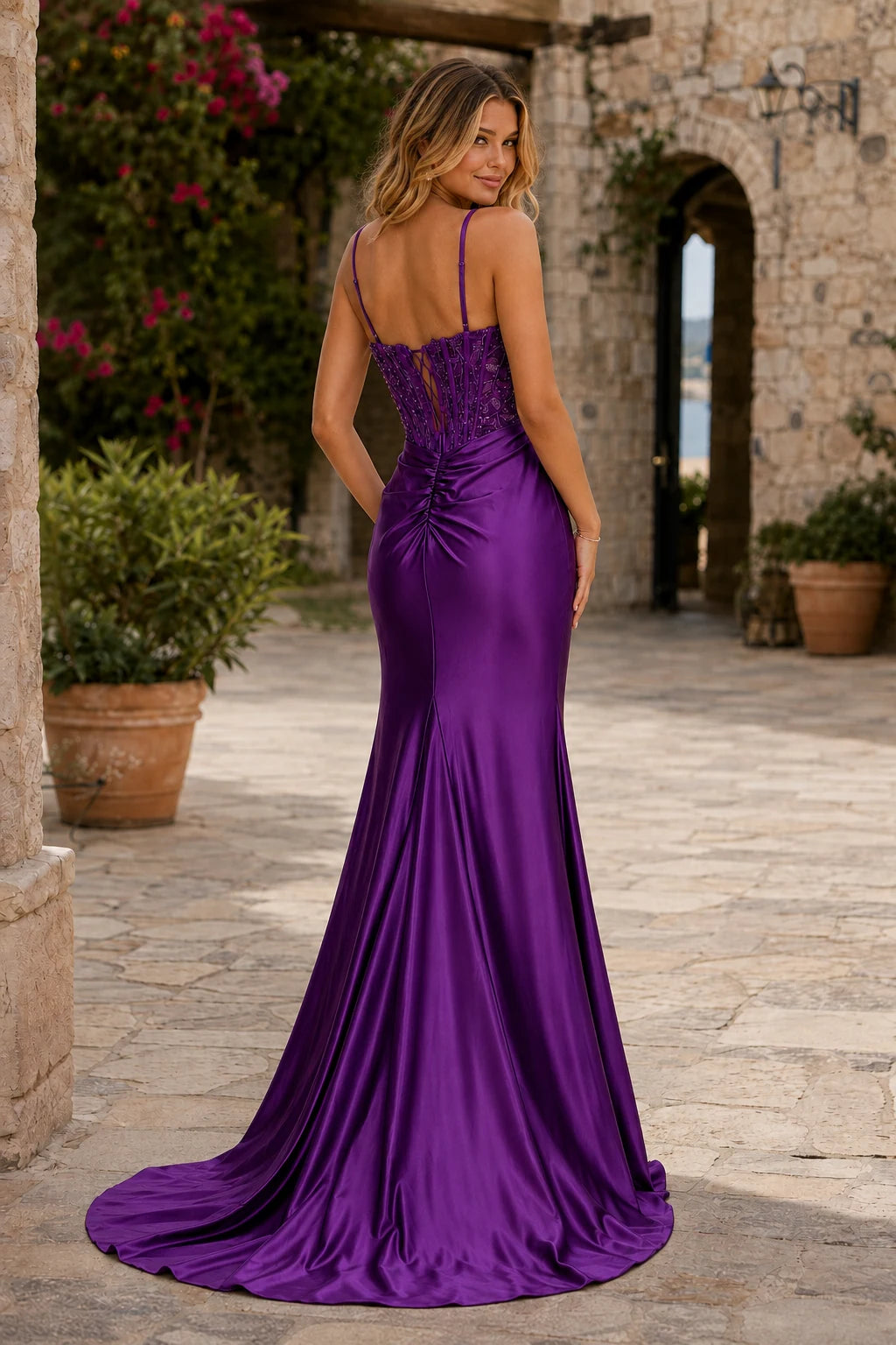 Bellora Beaded Corset Ruched Mermaid Prom Dress with Slit in Deep Plum prom gown, back view