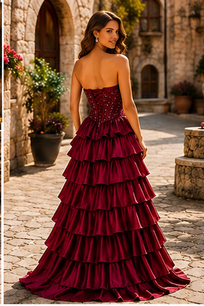 Cazelle Strapless Tiered Ruffle Ball Gown Prom Dress with Slit in Burgundy prom gown, back view