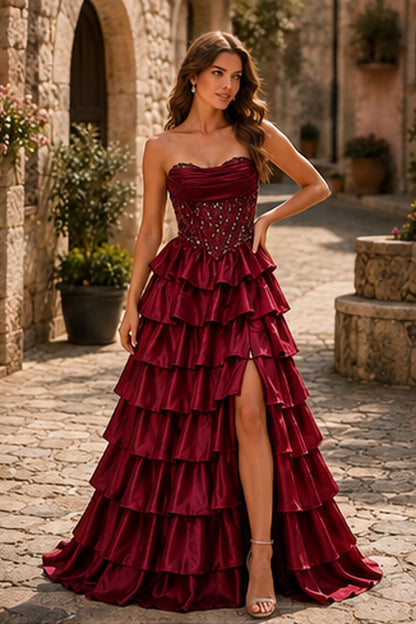 Cazelle Strapless Tiered Ruffle Ball Gown Prom Dress with Slit in Burgundy prom gown, front view