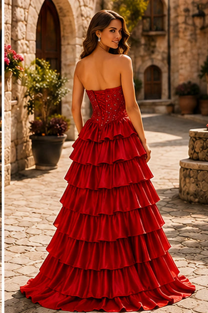 Cazelle Strapless Tiered Ruffle Ball Gown Prom Dress with Slit in Cherry Red prom gown, back view