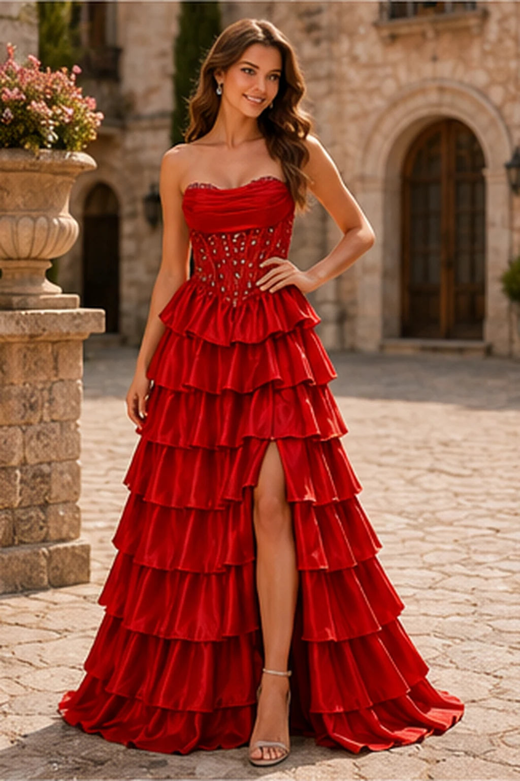 Cazelle Strapless Tiered Ruffle Ball Gown Prom Dress with Slit in Cherry Red prom gown, front view