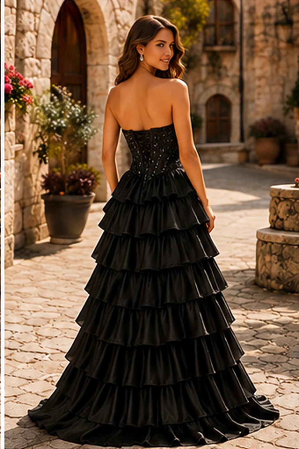 Cazelle Strapless Tiered Ruffle Ball Gown Prom Dress with Slit in Classic Black prom gown, back view