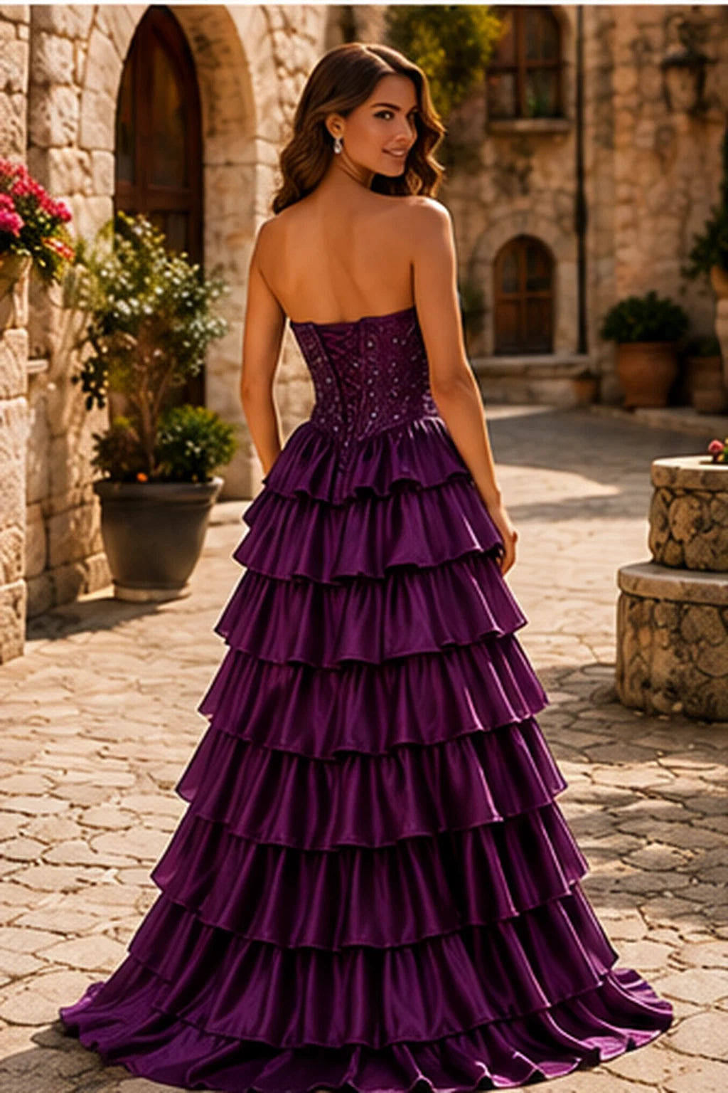 Cazelle Strapless Tiered Ruffle Ball Gown Prom Dress with Slit in Deep Plum prom gown, back view