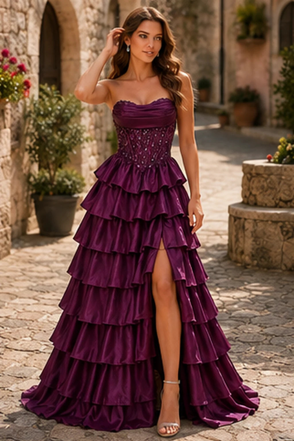 Cazelle Strapless Tiered Ruffle Ball Gown Prom Dress with Slit in Deep Plum prom gown, front view