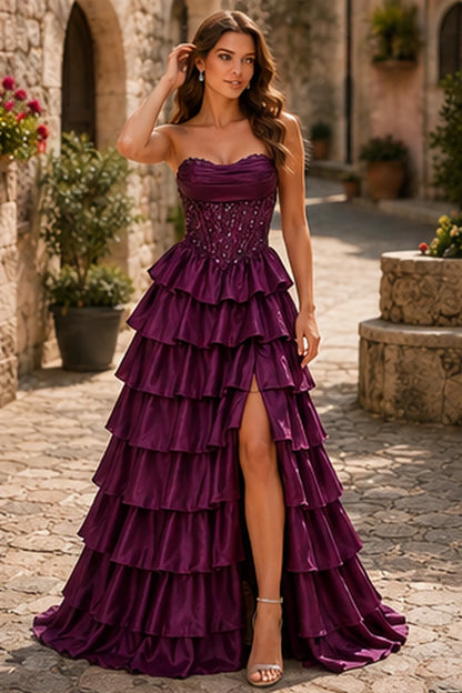Cazelle Strapless Tiered Ruffle Ball Gown Prom Dress with Slit in Deep Plum prom gown, front view