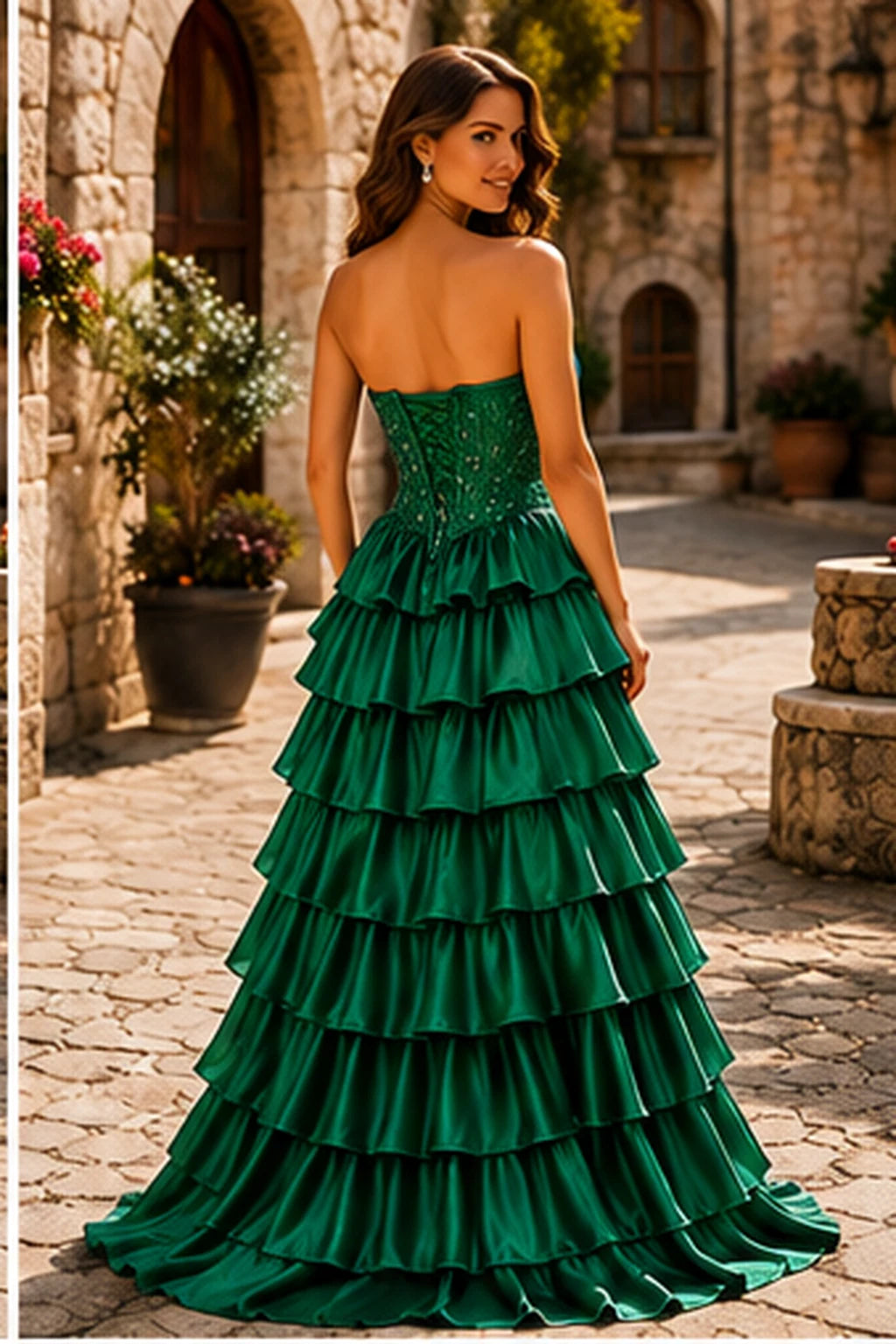 Cazelle Strapless Tiered Ruffle Ball Gown Prom Dress with Slit in Emerald Green prom gown, back view