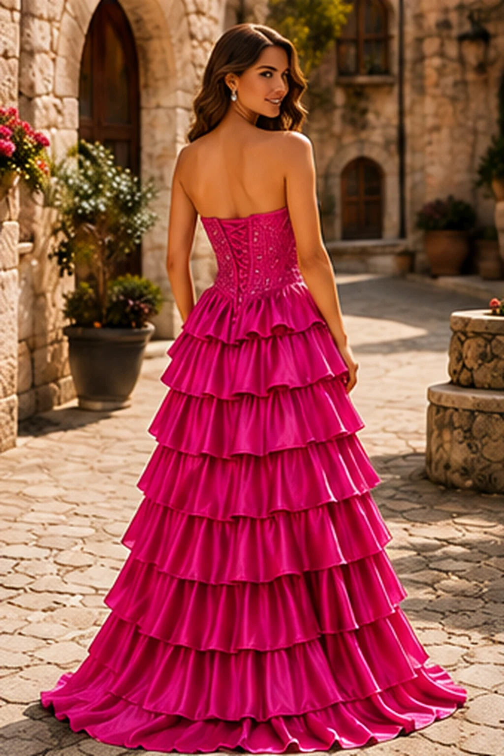 Cazelle Strapless Tiered Ruffle Ball Gown Prom Dress with Slit in Hot Pink prom gown, back view