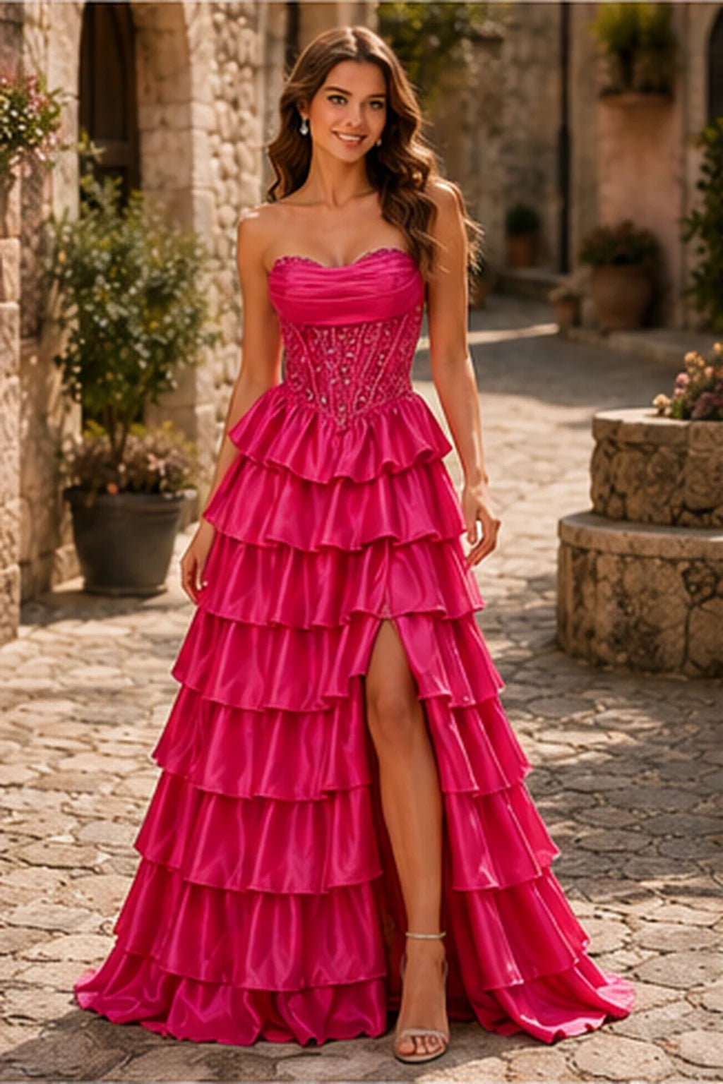 Cazelle Strapless Tiered Ruffle Ball Gown Prom Dress with Slit in Hot Pink prom gown, front view