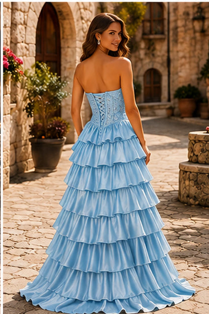 Cazelle Strapless Tiered Ruffle Ball Gown Prom Dress with Slit in Ice Blue prom gown, back view