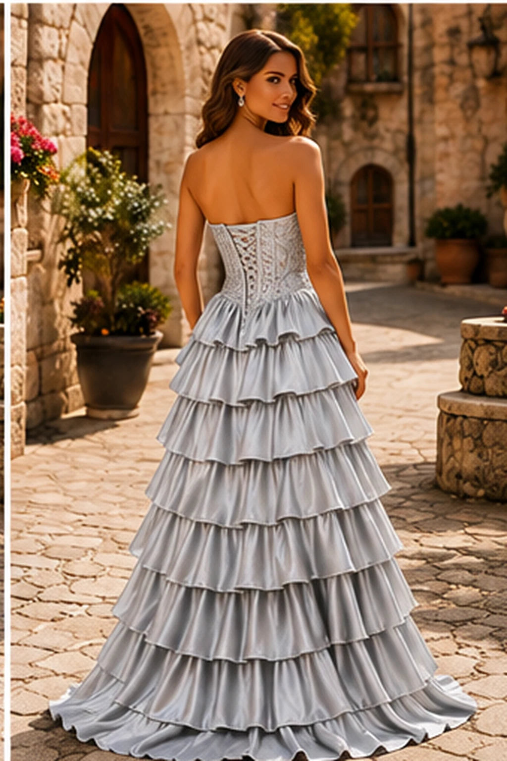 Cazelle Strapless Tiered Ruffle Ball Gown Prom Dress with Slit in Metallic Silver prom gown, back view