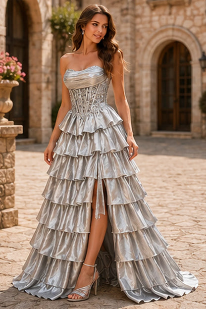 Cazelle Strapless Tiered Ruffle Ball Gown Prom Dress with Slit in Metallic Silver prom gown, front view