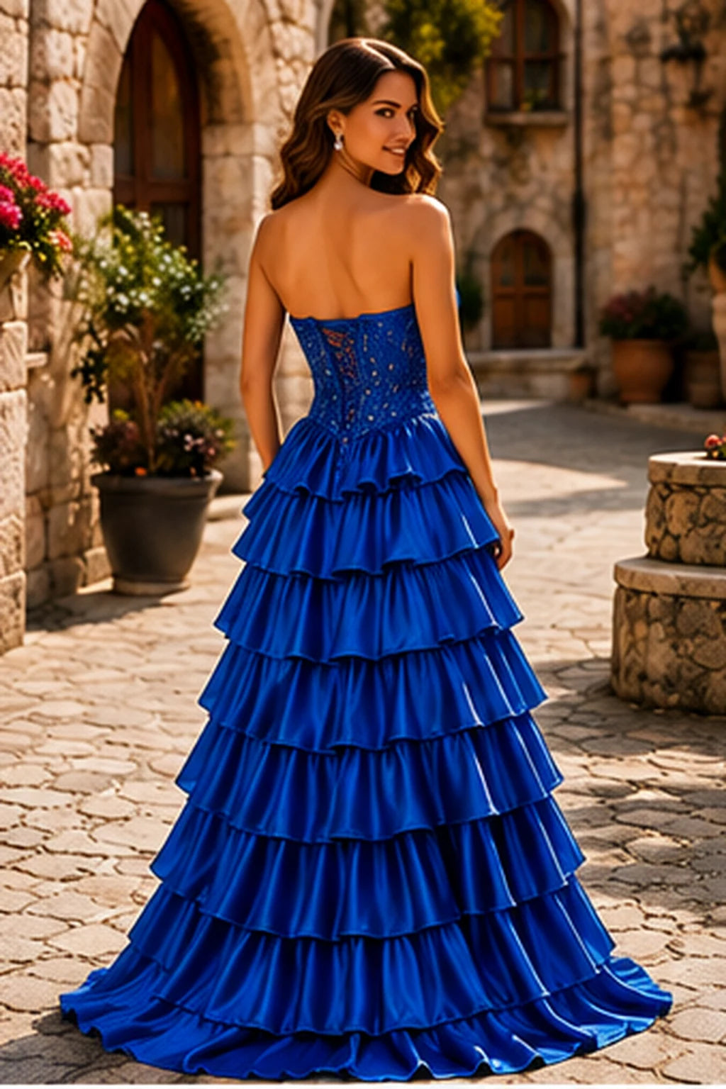 Cazelle Strapless Tiered Ruffle Ball Gown Prom Dress with Slit in Royal Blue prom gown, back view