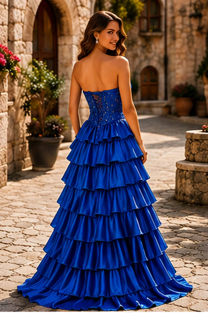 Cazelle Strapless Tiered Ruffle Ball Gown Prom Dress with Slit in Royal Blue prom gown, back view