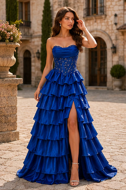 Cazelle Strapless Tiered Ruffle Ball Gown Prom Dress with Slit in Royal Blue prom gown, front view