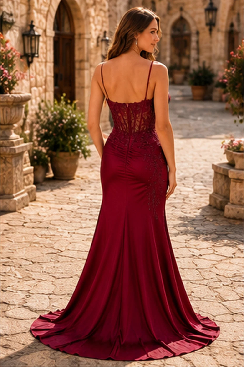Evaris Sweetheart Lace Corset Mermaid Prom Dress with Slit in Burgundy prom gown, back view