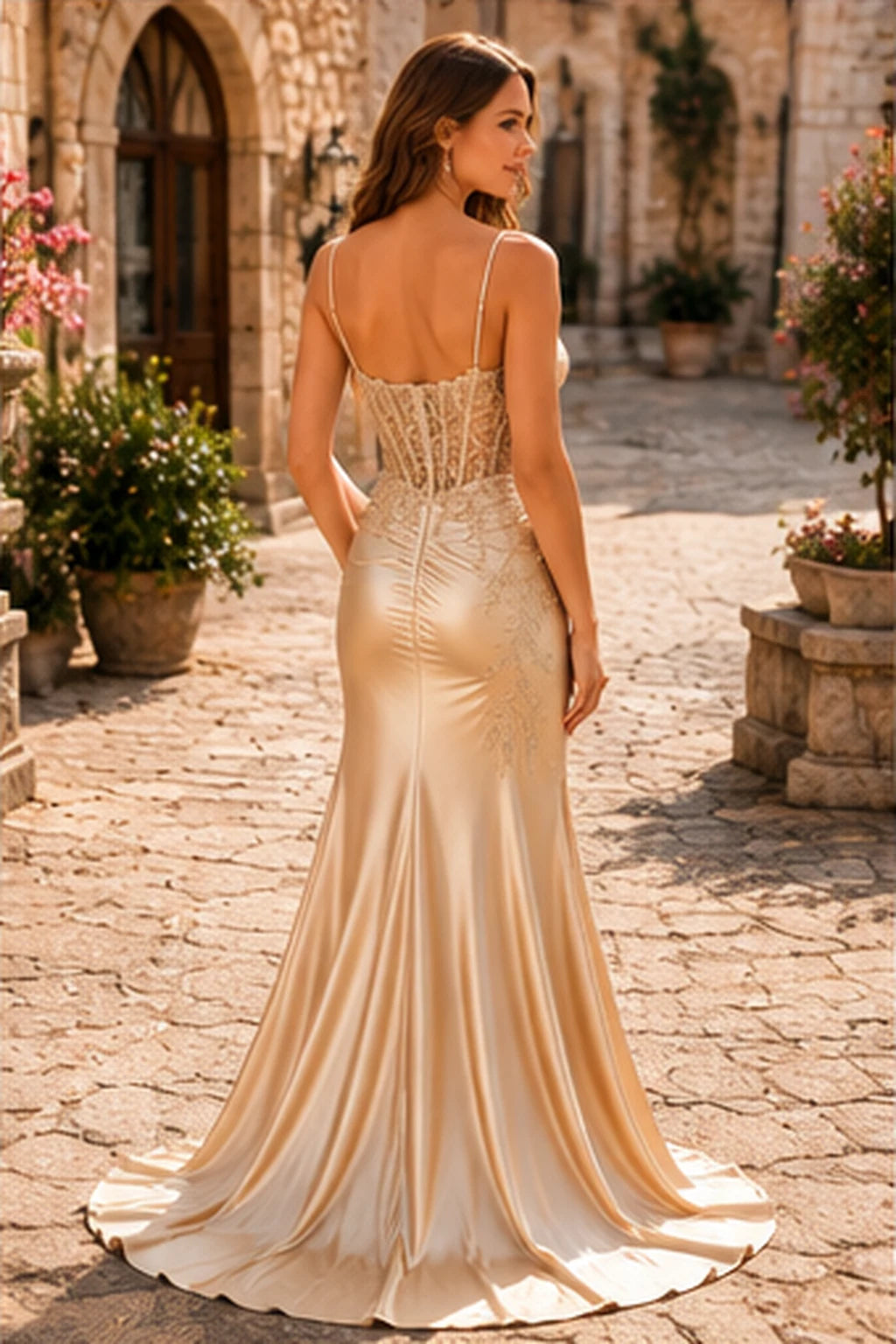 Evaris Sweetheart Lace Corset Mermaid Prom Dress with Slit in Champagne Gold prom gown, back view