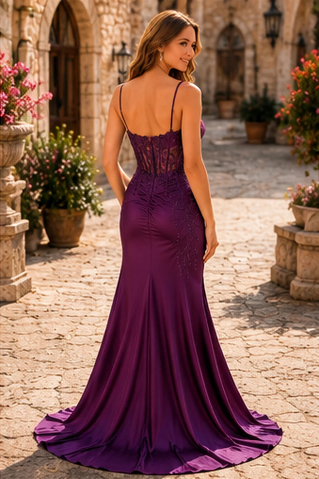 Evaris Sweetheart Lace Corset Mermaid Prom Dress with Slit in Deep Plum prom gown, back view