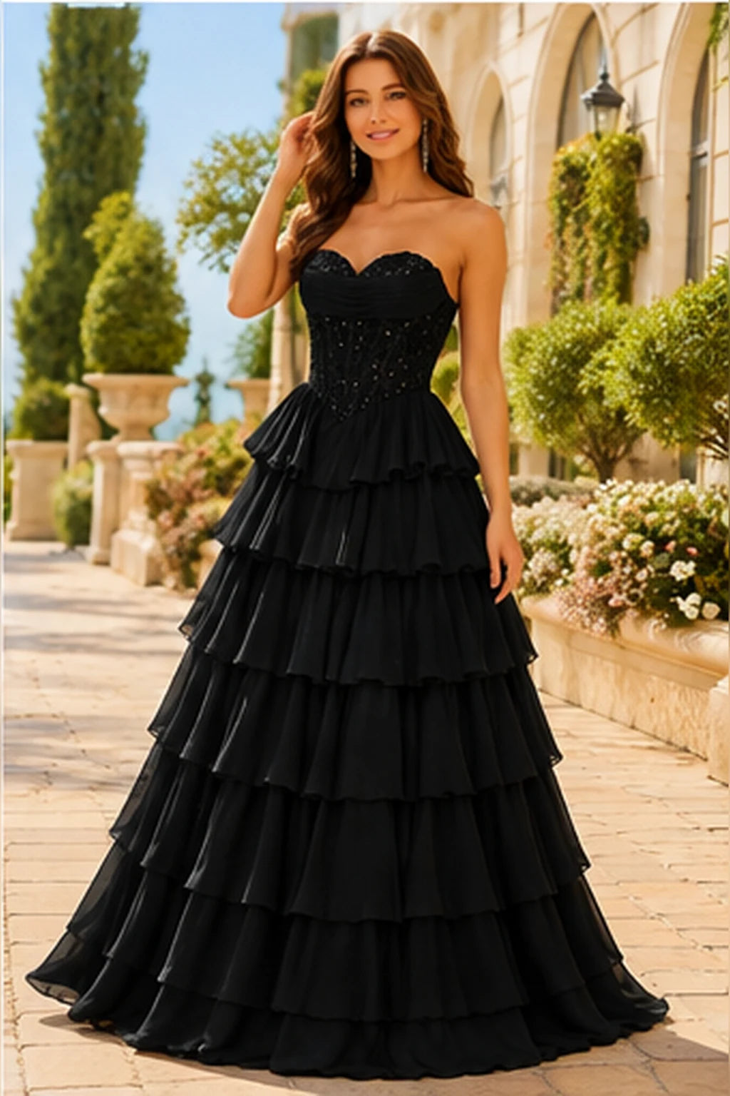 Galisse Strapless Tiered Ruffle Ball Gown Prom Dress in Black prom gown, front view