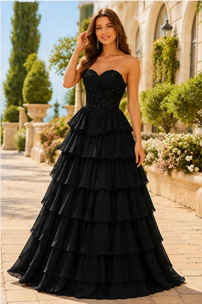 Galisse Strapless Tiered Ruffle Ball Gown Prom Dress in Black prom gown, front view